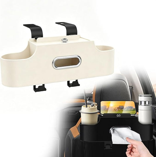 4-in-1 Back Seat Car Organizer, Adjustable Hooks, Universal Fit, with Cup Holder, Tissue Box & Storage, for Travel, Stores Phone, Snacks, Drinks, Handbags, Keeps Car Neat & Space-Saving (Beige)