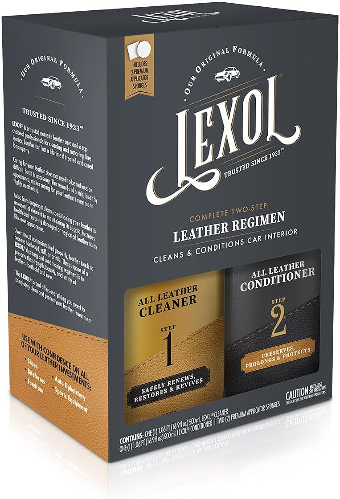 Lexol Leather Conditioner & Cleaner Kit - Premium 2-Step Leather Care for Car Interiors, Furniture, Shoes & Handbags, Includes 2 Sponges, Gift for leather lovers (16 oz Each)