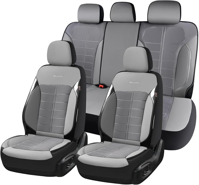 Coverado Air Mesh Seat Cover, Car Seat Cover Full Set, 3D Breathable Seat Protectors Sports Carbon Fiber Design Airbag Compatible Comfort Universal for Most Cars, Van,Trucks, SUV, Grey