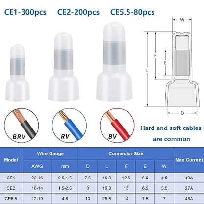 smseace 580 Pcs Nylon Closed End Crimp Connector - Closed End Crimp Caps Terminal for 22-16 AWG, 16-14 AWG, 12-10 AWG - Ideal for Automotive, Audio, and Electrical Applications