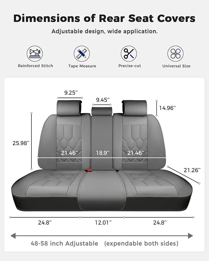 Huidasource Seat Covers Full Set, Universal Fit for Most Cars SUVs Trucks, Full Coverage Waterproof Leather Car Seat Cover, Airbag, Cupholder Compatible, Seat Function Retain, Velcro Adjustable, Gray