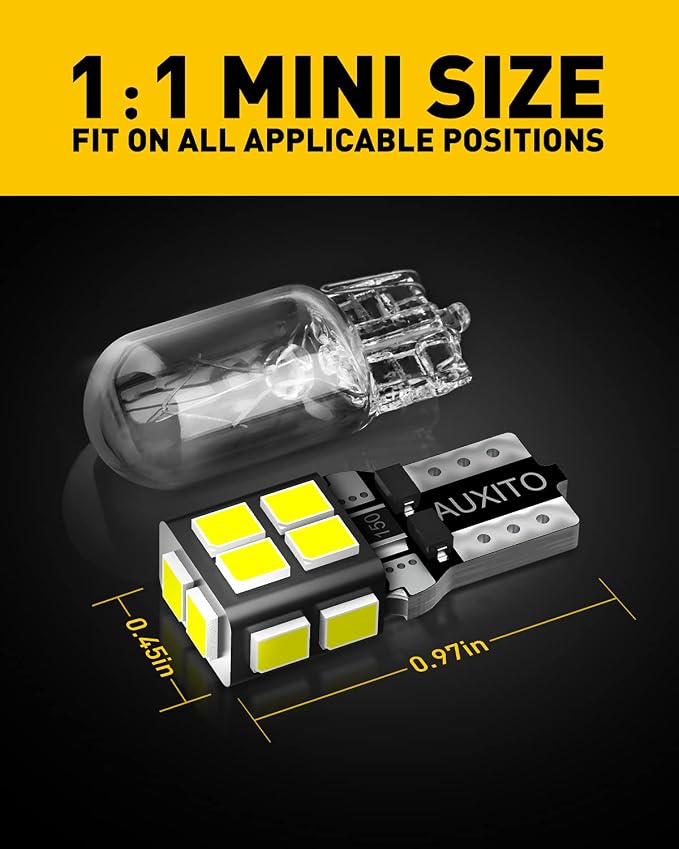 AUXITO 194 LED Bulb 6000K White 168 2825 W5W T10 Wedge 14-SMD Interior Car Bulbs Replacement for Dome Map Door Courtesy Trunk License Plate Parking Lights, 10 PCS