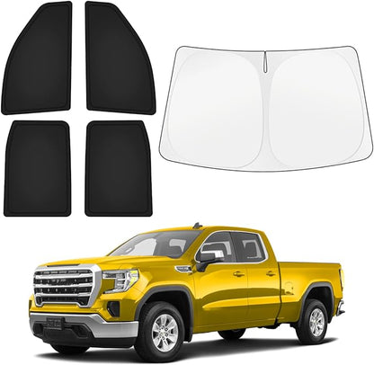 KUST Car Window Shades for GMC Sierra 1500/2500/3500 Crew Cab 2019-2025 2026 Windshield Sun Shade Side Window Cover UV Block Privacy Protection Accessories for Camping Blackout Rear Back Full Set 5PCS