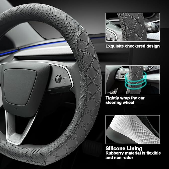 LKWLIKEI Leather Steering Wheel Cover. Elegant Diamond Checkered Design, Non-Slip and Breathable, for Tesla Model 3/Y Steering Wheel Protector,Black