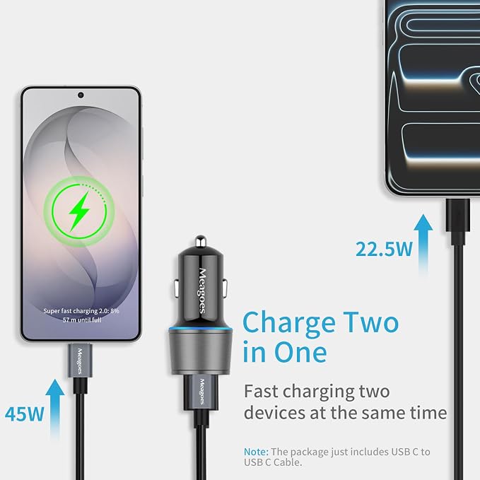 67.5W Gray Car Charger USB C Super Fast Charging, 45W USBC&QC3.0 Port Plug for iPhone 17 Pro Max/Air/16/15/iPad, Samsung S26 Android Cell Phone, Dual 12V Cigarette Lighter Adapter+3.3 ft Type C Cable