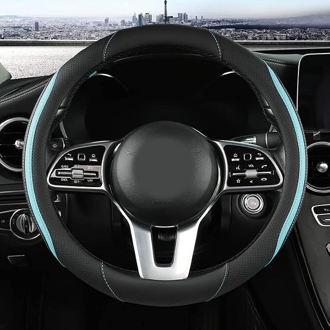 Car Steering Wheel Cover, Leather Steering Wheel Cover Blue Universal 14.5-15 Inch Microfiber Leather Anti-Slip Breathable Auto Steering Wheel Covers for Men Women (Black&Blue)