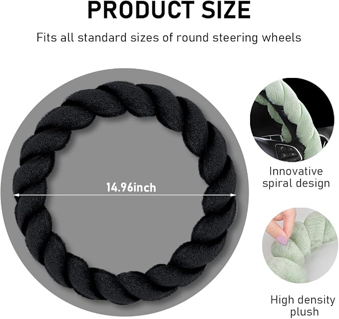 KVAEY Fluffy Car Steering Wheel Cover, 15 Inches Anti-Slip Round Fuzzy Winter Steering Wheel Protector, Soft Warm Plush Steering Wheel Cover for Women Girls, Car Accessories (Black, Round)