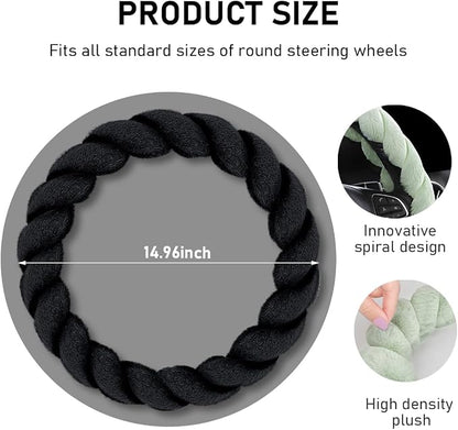 KVAEY Fluffy Car Steering Wheel Cover, 15 Inches Anti-Slip Round Fuzzy Winter Steering Wheel Protector, Soft Warm Plush Steering Wheel Cover for Women Girls, Car Accessories (Black, Round)