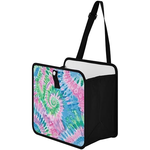 Car Trash Can Organizer Bin with Adjustable Strap for Back Front Seat Console Waterproof Leakproof Collapsible Portable 8.66 Inch Tie Dye Blue Green Pink