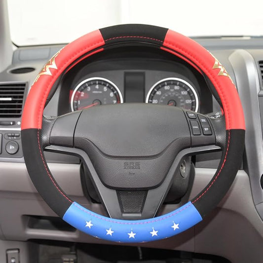 BDK Wonder Woman Steering Wheel Cover - Synthetic Leather - Stars & Gold Logo - Fits All Standard Size Wheel 15 Inch, Model Number: WBSW-1904
