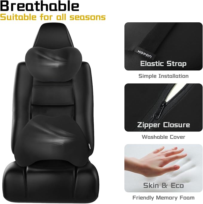HOPON 2025 Upgrade Headrest Pillow with Lumbar Support Pillow for Most Cars,SUV Neck Pillow with Breathable Fabric,Soft Pillow for Relieving Stiffness Sedan Home Office Black 1 Set - Black