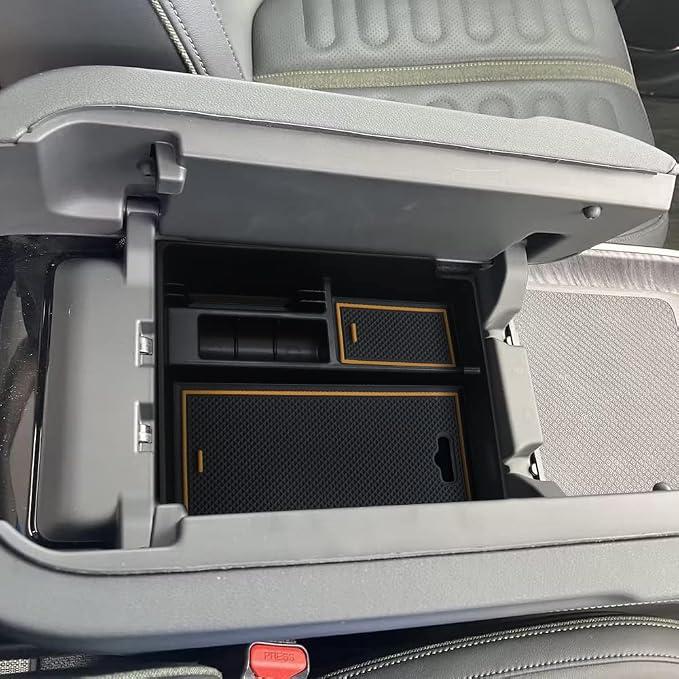 BestEvMod for Rivian R1T & R1S Accessories Center Console Organizer Tray Armrest Storage Box ABS Material with PVC Trim Compatible with Rivian R1T/R1S 2022 2023 2024 2025 2026 Accessories(V2 Yellow)