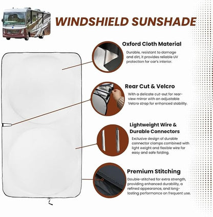 Windshield Sun Shade | fits RV Class-A | Certified 99.87% UVB & 99.02% UVA Protection Sun Shade. Award Winning Sunshade for Car Windshield with Patented Technology. Car Window Shades by Kinder Fluff