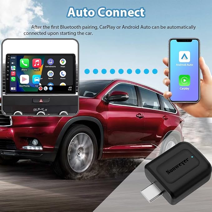 Sunweyer 2024 Latest Wireless CarPlay & Android Auto Dongle 2 in 1 Auto Connect Box,USB Type-C Port,Supports Online Updates Wired to Wireless Adapter