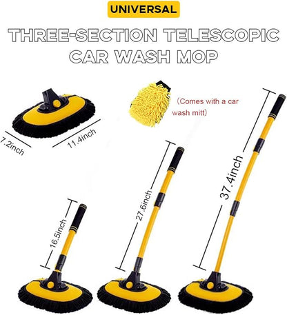 Car Wash Brush Kit, 40" Auto Wash Mop with 15° Curved Extendable Long Handle, Soft Scratch-Free Car Cleaning Mop Mitt to Clean Your Car Shine Like New, Car Accessories (Black+Yellow)