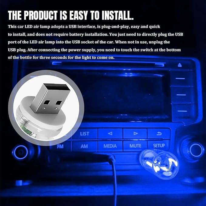 USB LED Car Interior Atmosphere Light, Car USB Night Light, Plug-in Auto Ambient Lighting Retro Lamps, Touch Adjustment LED Automotive Night Lamp Auto Accessories for bedrooms Camping (Blue)