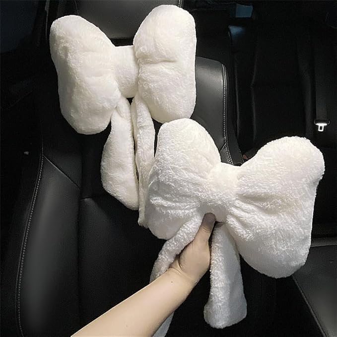 LYFJMUS 4 Pack Plush Bow Car Headrest Pillow and Lumbar Support Pillow Soft Butterfly Car Neck Pillows for Driving Cars Decor (Black)