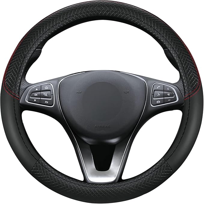 Leather Patchwork Black Steering Wheel Cover, 14.5-15 Inch Non-Slip Breathable Microfiber Car Steering Wheel Protector