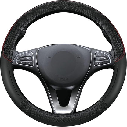 Leather Patchwork Black Steering Wheel Cover, 14.5-15 Inch Non-Slip Breathable Microfiber Car Steering Wheel Protector