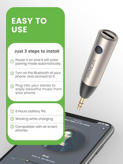 HVMLAK Aux Bluetooth 5.4 Adapter, Wireless Audio Receiver for Car Home Stereo Speaker, Music Streaming, Handsfree Calls, 6 Hours Playback, 1 Piece