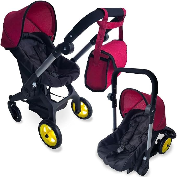 Baby Doll Car Seat Stroller Combo – Convertible 2 in 1 Doll Stroller and Car Seat for Kids – Fits Up to 20” Dolls – Play Toy Baby Stroller with Adjustable Handle for Girls Toddlers All Ages (Maroon)