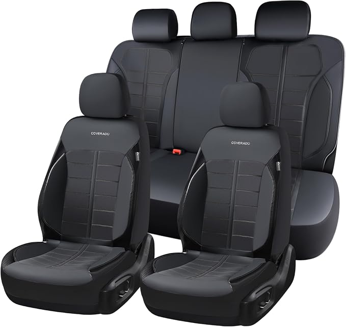 Coverado Full Set Leather Car Seat Covers, Crafted with Full Leather Construction and Carbon Fibre Weave Universal Fit for Most Cars SUV Trucks(Black