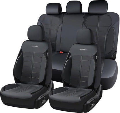 Coverado Full Set Leather Car Seat Covers, Crafted with Full Leather Construction and Carbon Fibre Weave Universal Fit for Most Cars SUV Trucks(Black