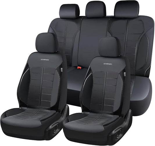 Coverado Full Set Leather Car Seat Covers, Crafted with Full Leather Construction and Carbon Fibre Weave Universal Fit for Most Cars SUV Trucks(Black