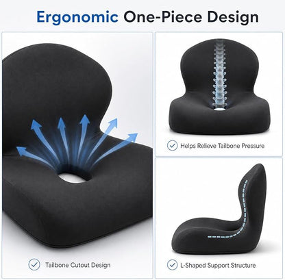 Memory Foam Office Chair Cushion with Back Support, Ergonomic Seat Cushion for Office Chair and Car Seat, Pressure Relief for Long Sitting (Black)