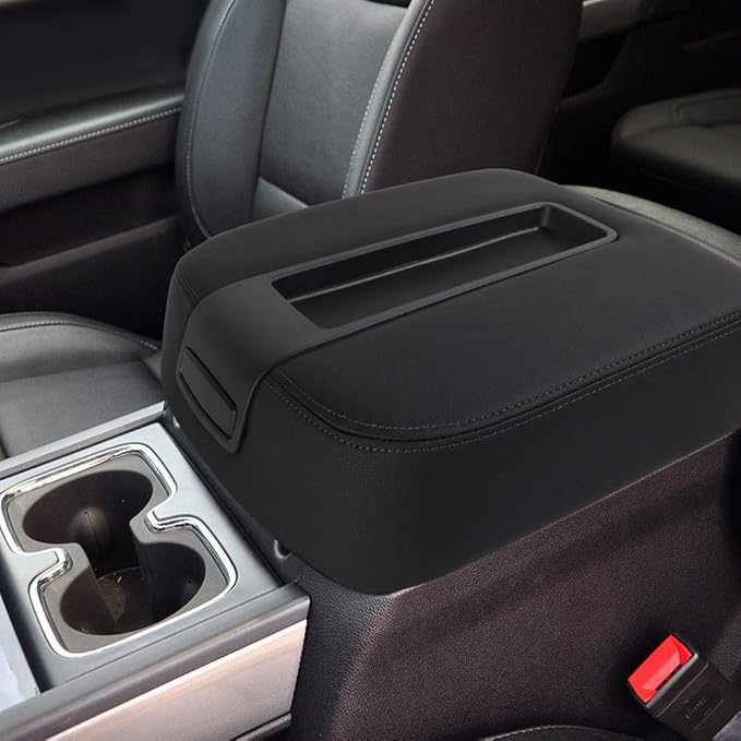 Auto Dynasty Black Leather Center Console Lid Armrest Cover Compatible with 2007-2014 Chevy Avalanche Silverado Tahoe Yukon XL Sierra