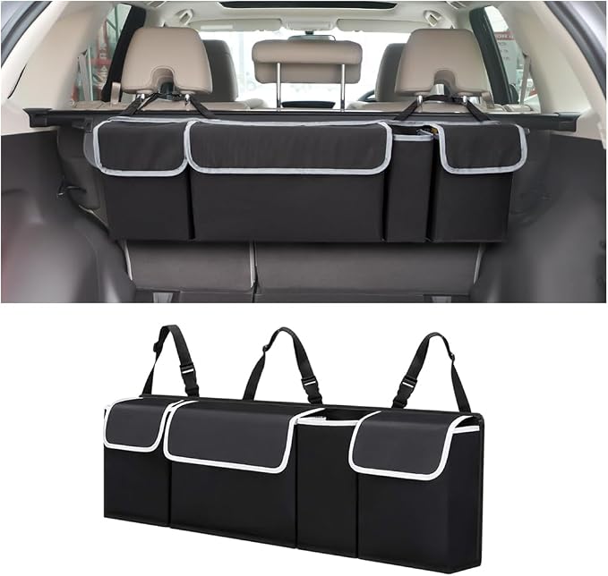 Osilly Car Trunk Organizer with Lid, Backseat Hanging Storage Bag with 4 Pockets & 3 Adjustable Straps, Waterproof PVC Collapsible Cargo Bag, Car Interior Accessories for Auto SUV MPV