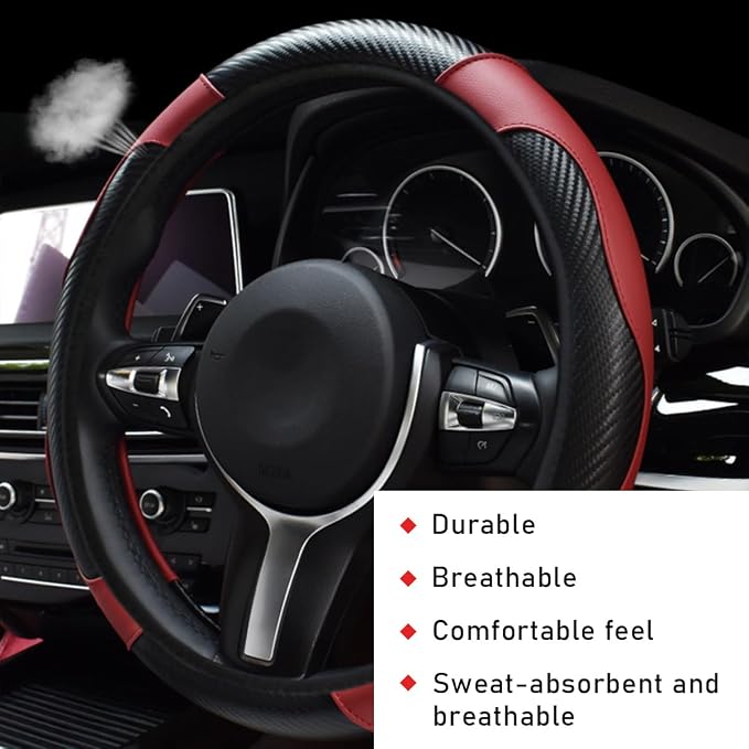 povtii Car Steering Wheel Cover, 15 Inch Leather Breathable Auto Steering Wheel Protector, Comfortable Non-Slip Vehicle Steering Wheel Covers, Universal Interior Car Accessories (Wine Red)