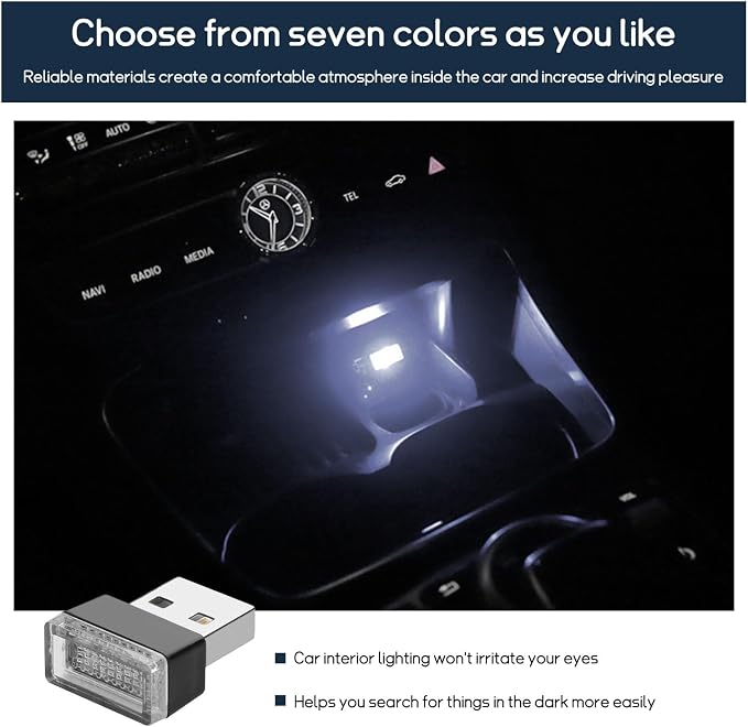 Dickno 7 PCS USB LED Car Interior Atmosphere Lamp, Portable Mini LED Night Light, Plug-in USB Interface Trunk Ambient Lighting Kit, Universal Vehicle Interior Accessories (Multi-Colour)