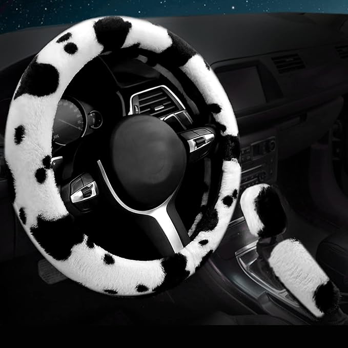 6PCS Set car Interior Aesthetic Accessories, Fluffy Cute Cows Steering Wheel Cover, armrest pad, seat Belt Cover,Gear Shift Cover, Fit Girly car