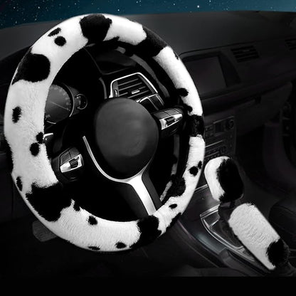 6PCS Set car Interior Aesthetic Accessories, Fluffy Cute Cows Steering Wheel Cover, armrest pad, seat Belt Cover,Gear Shift Cover, Fit Girly car