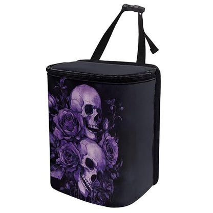 Purple Skull Roses Pattern Car Trash Can with Lid and Zipper Portable Foldable Trash Bin for Car Interior Accessories Multipurpose Garbage Can Bags Storage Organizer Halloween Decor