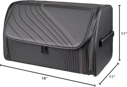 TOPABYTE Car Trunk Organizer with Lid and Sturdy Handle Foldable Durable Premium Leather Storage Box Cargo for BMW SUV Sedan Truck, Black, Small