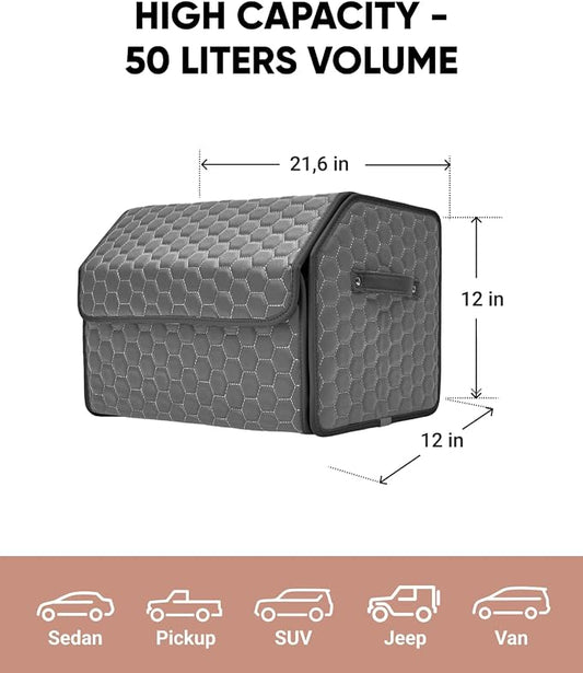 Owleys Foldable Trunk Organizer For Car - Trunk Organizers Car Storage - Collapsible Auto Trunk Organizer With Lid - Small And Large Cargo Organizer - Trunk Organization (Gray 21)