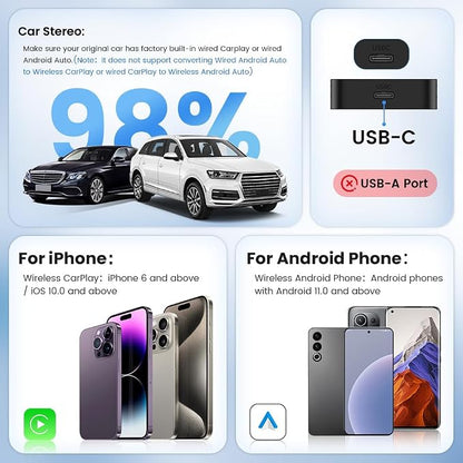 Carlinkit 5.0 2air Wireless car Adapter,CarPlay Dongle for Wired CarPlay and Wired Android Auto Car,for iPhone 6+ and Android 11+,Easy Setup via Plug-in USB Connection,Supports Online Upgrde