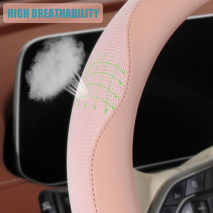 14 inch Steering Wheel Cover for Prius Civic, Nappa Microfiber Leather Non-Slip Breathable Fabric, Warm in Winter and Cool in Summer, Pink Small 13.5 inch to 14 inch