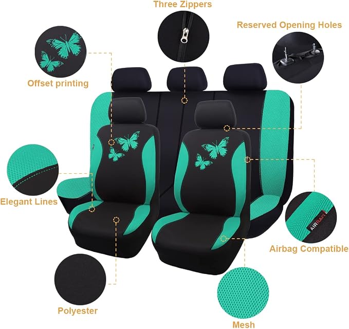 Flying Banner Butterfly car seat Covers ful Set Fashion Universal Lady Woman Female Rear Bench Split Colorized (Full Set, Mint Green)
