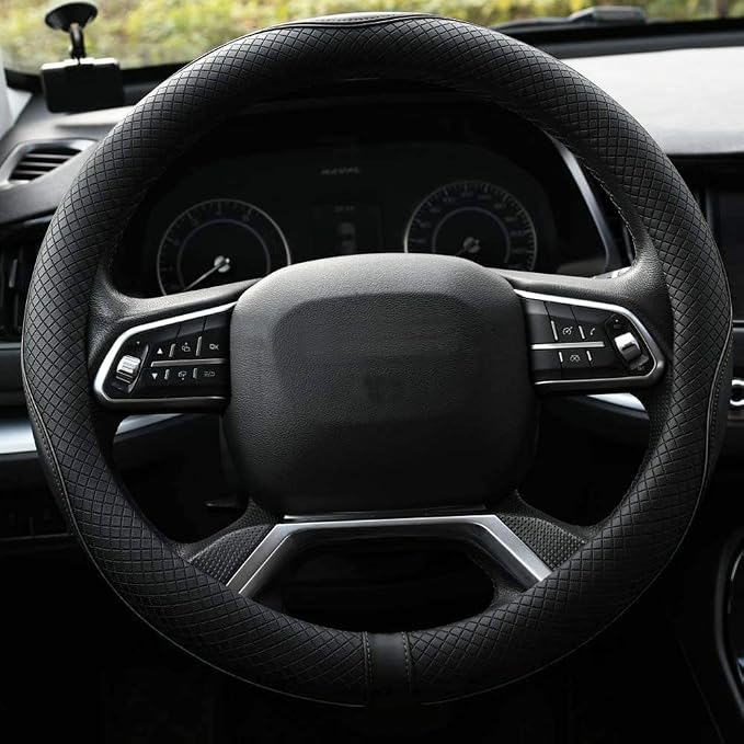 Rueesh Microfiber Leather Steering Wheel Cover Anti-Slip Matte Finish Auto Car Wheel Cover Universal 15 Inch Wheel Cover for Car Embossing Pattern Black Line