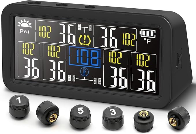 6-Wheel Tire Pressure Monitoring System - TPMS - with 4 Inches LCD Display - 5 Modes Tire Pressure Monitor for RV/Trailer/Truck, Solar & Type-C Dual Charger TPMS Kit
