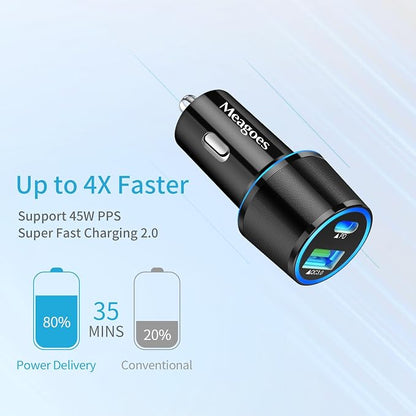 67.5W Car Charger USB C Super Fast Charging, 45W USBC & QC3.0 Port Plug for iPhone 17 Pro Max/Air/16/15/iPad, Samsung S26 Android Cell Phone, Dual 12V Cigarette Lighter Adapter + 6.6 ft Type C Cable