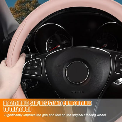 Zpana Car Steering Wheel Cover, 14.5-15" Breathable Soft Leather Vehicle Steering Wheel Protector with Anti-Slip Lining, Comfortable Auto Interior Decoration Accessories, Universal Fit (Pink)