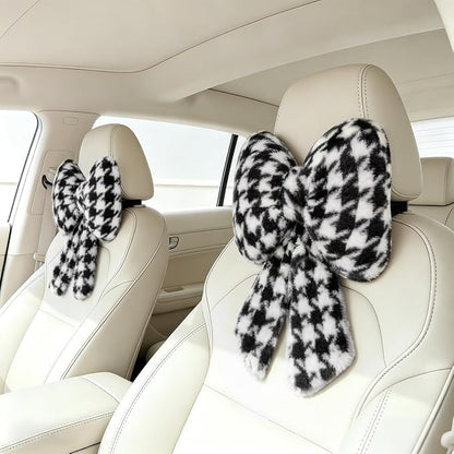 Sexysamba 2 Pcs Plush Bow Car Headrest Neck Pillow Cute Bow Pillow for Car Seat Décor Soft Neck Support for Comfortable Driving Traveling Office Fluffy Head Rest Cushion, Black Houndstooth
