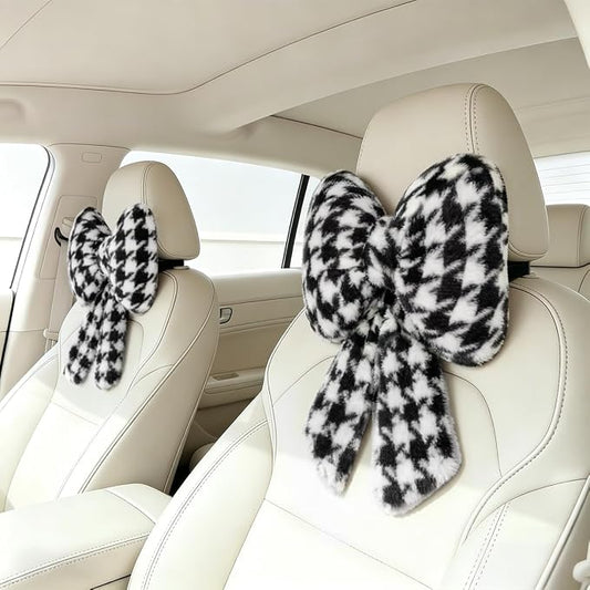 Sexysamba 2 Pcs Plush Bow Car Headrest Neck Pillow Cute Bow Pillow for Car Seat Décor Soft Neck Support for Comfortable Driving Traveling Office Fluffy Head Rest Cushion, Black Houndstooth
