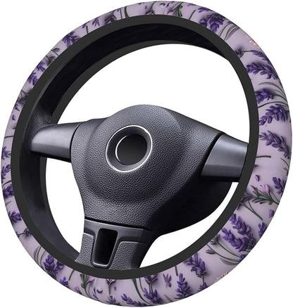Car Steering Wheel Cover with Anti-Slip Lining, Universal 15 inch Wheel Cover, Fashion Car Interior Accessories for Women Men - Purple Lavender Flower