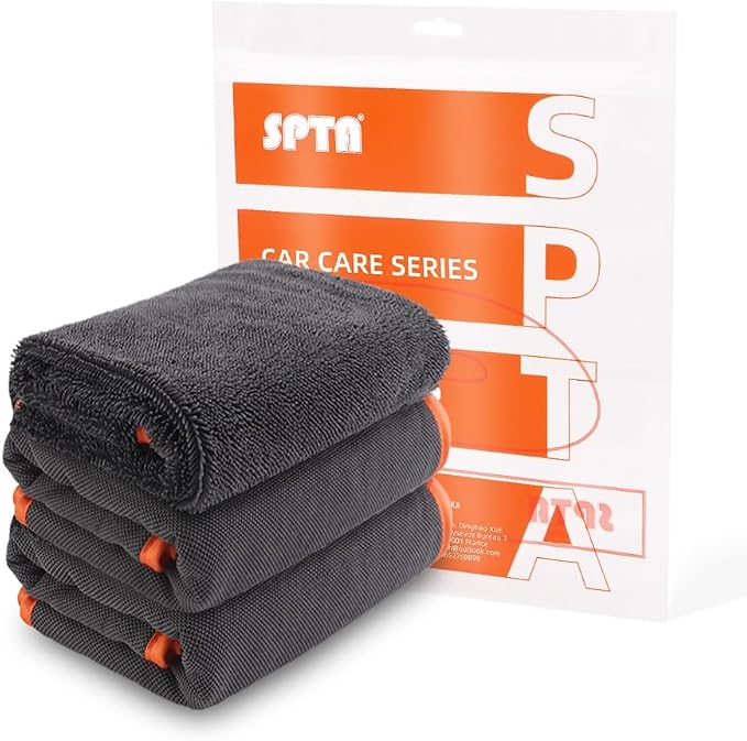 SPTA Microfiber Car Drying Towels, Cleaning Cloth Towels, Twist Pile Rapid Drying Orange Edge Car Microfiber Towels for Car Detailing, Pack of 3, 16.5 x 16.5 Inch, 600 GSM, Gray-MT040