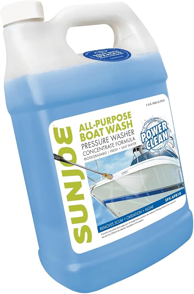 Sun Joe All-Purpose Boat Wash Cleaner for Pressure Washer, Concentrate Formula, Citrus Scent, 1 Gallon - Marine Cleaning Solution for Metal, Wood, Fiberglass, and Exterior Surfaces, SPX-APBW1G
